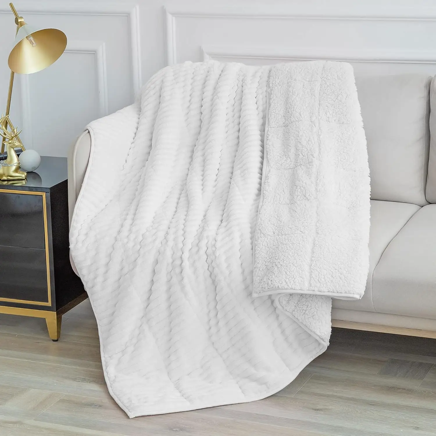 

Sherpa Fleece Weighted Blanket, 15Lbs Fluffy Warm Sherpa Flannel Striped Ribbed Blanket For Sofa Bed Couch, Super Cozy Twin Bed