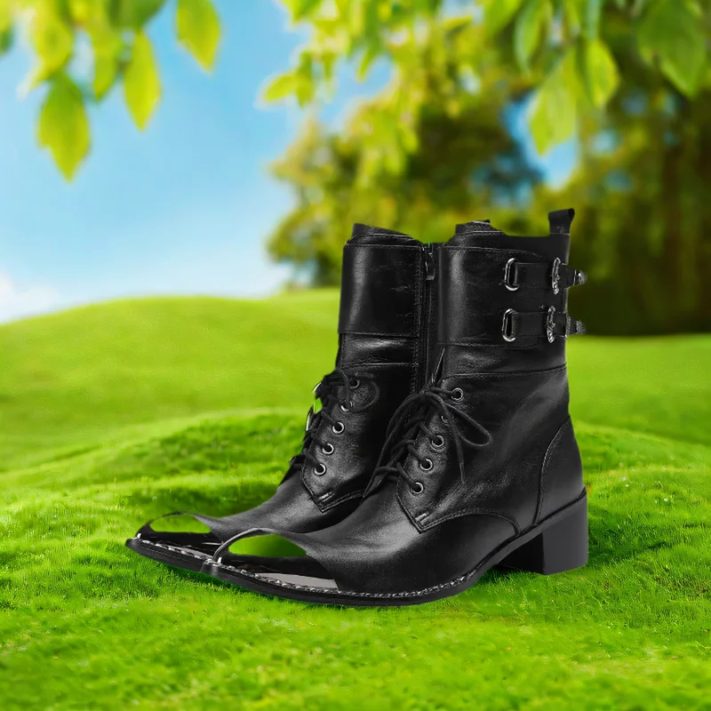 Schwarze Gürtelschnalle Weiches Leder Knöchel Herren Stiefel Westernstiefel Herren Spitzschuh Cowboy Schuhe Party Bota Masculina Herren, Große Größen – Detail 2