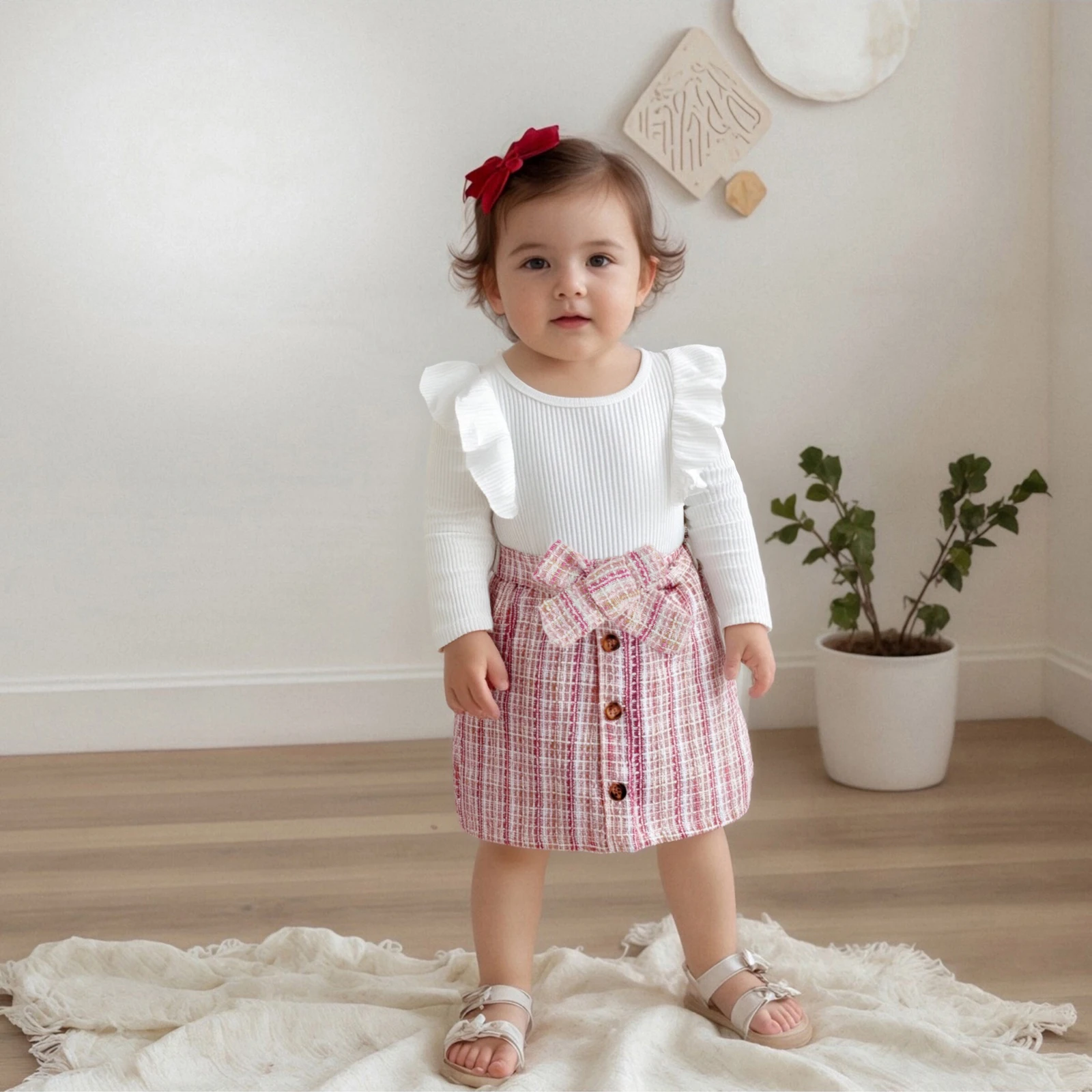 

Осенне-осенний наряд для маленьких девочек, рубашка с длинными рукавами и клетчатая юбка с оборками, комплект для милой детской одежды из двух предметов