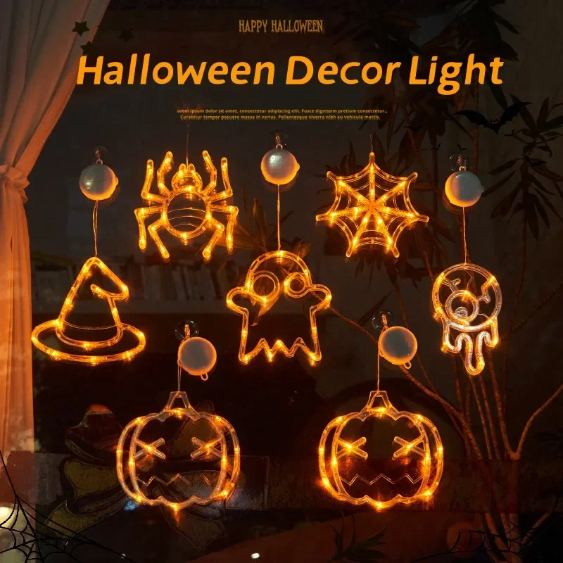 2024 Halloween LED Decor Light Pumpkin Spider Bat Ghost Hanging Sucker Light Glass Window Decor Lamp for Home Restaurant Party