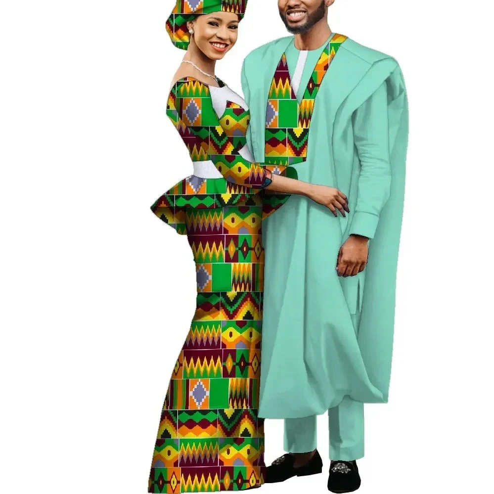 African Couple Clothing Plus Size for Women Set Included Headwrap and Men Robe Suit 3 Pcs Wedding Party Clothing WYQ859