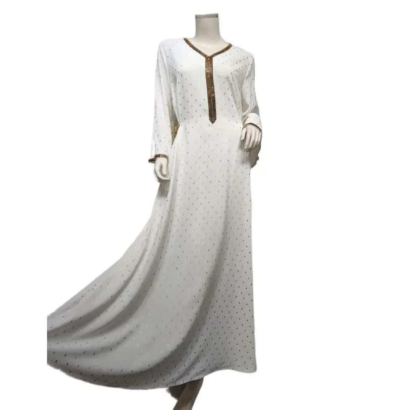 

Zigui Elegant Dress Abaya Robe Gold V Neck Belted Flare Sleev White Prom Birthday Dress Ladies Moroccan Caftan For Women