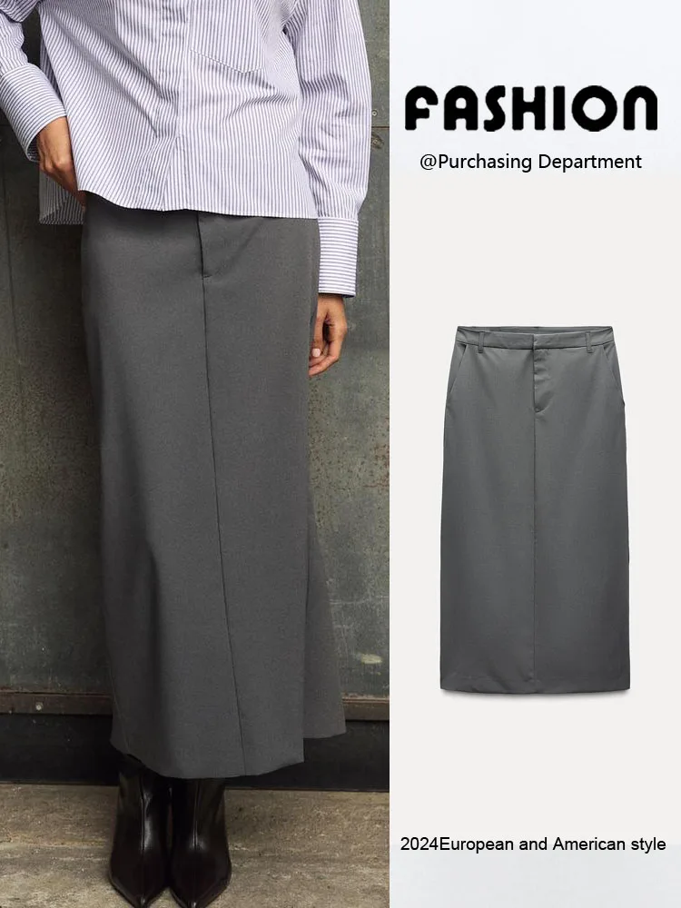 

New Autumn Women's Midi Skirt Simple Straight Cut Ba Split Commute Sle mid Waist Design Chinese Production 00% Other Mat...
