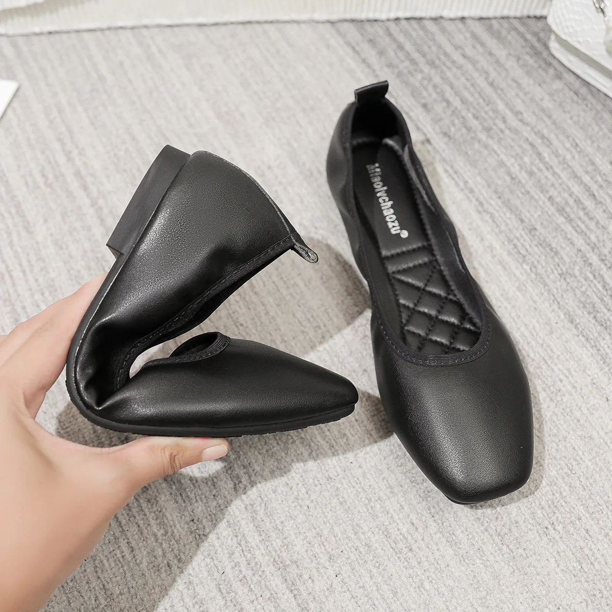 New Square Headed Single Shoes Flat Bottom Long Standing Work Shoes Women's Black Comfortable Work Leather Shoes