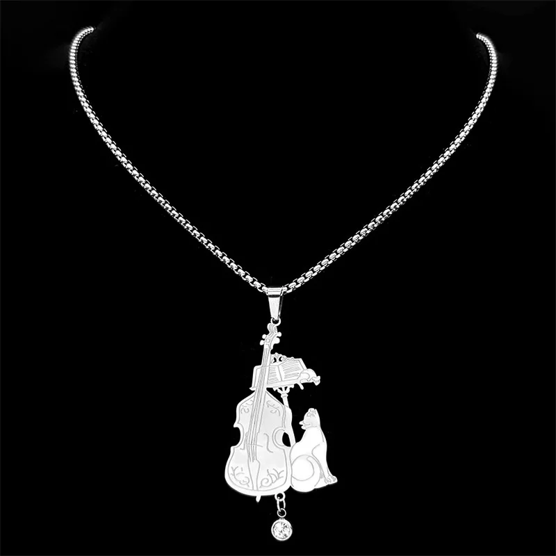 Rhinestone Stainless Steel Music Cello Cat Pendant Necklaces Earrings for Men Women Animal Musical Christmas Gift Jewelry Set