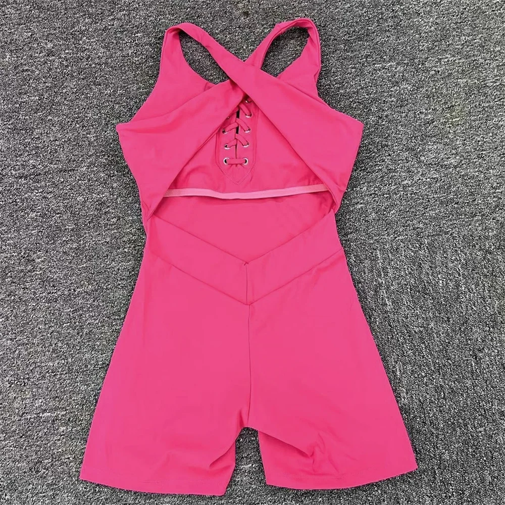 2024 Lycra Pad Laced Yoga Set Hip Lifting Squat Proof Shorts Sports One Piece Jumpsuit Gym Fitness Bodysuit Active Romper