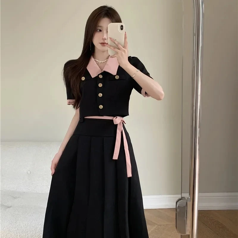 Conjuntos de manga corta para mujer, Tops cortos holgados con una hilera de botones, cintura alta, plisado, moda informal de estilo coreano, verano