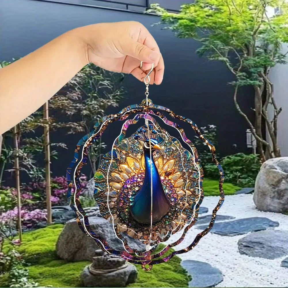 A Beautiful Peacock Wind Chime Made of Metal, Featuring a 3D Rotating Design with a 360° Swivel Hook That Creates a Striking