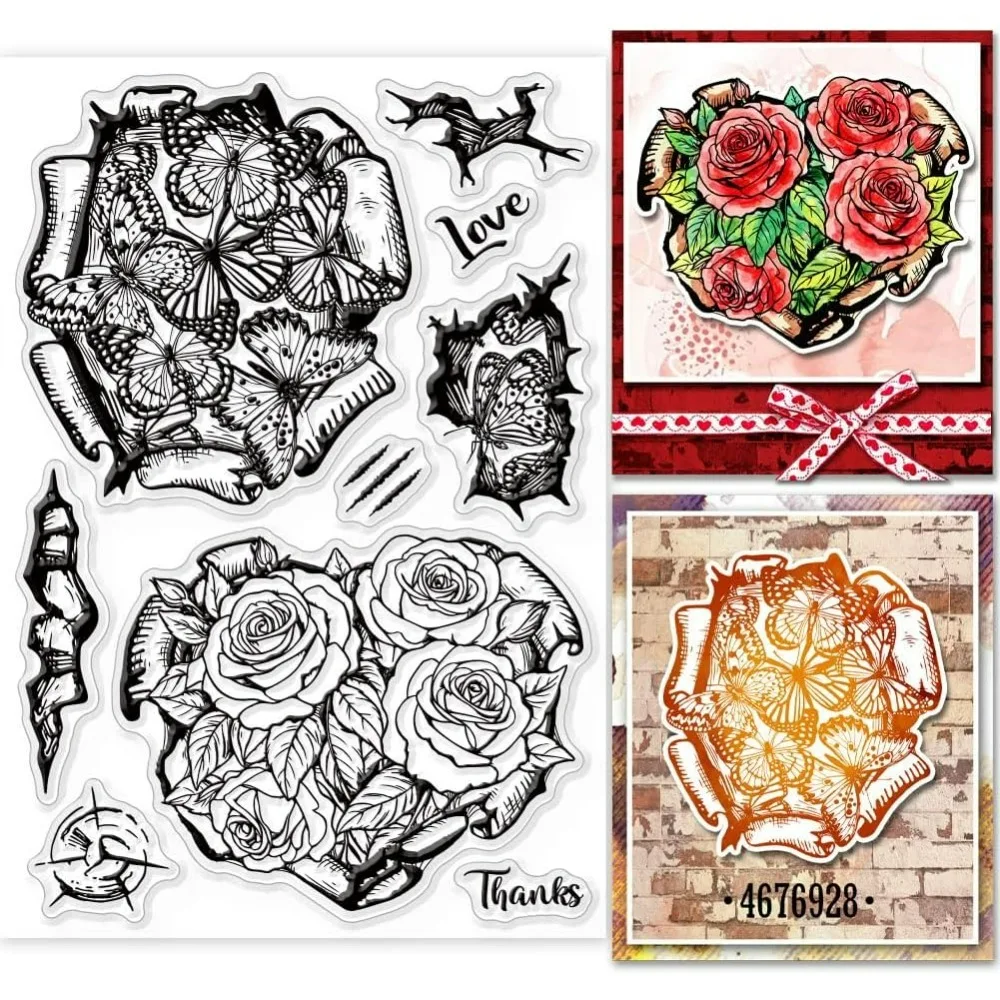 Butterfly Rose Flower Crack Heart Clear Stamps for DIY Scrapbooking Silicone Stamp Seals Transparent Stamps for Cards Making