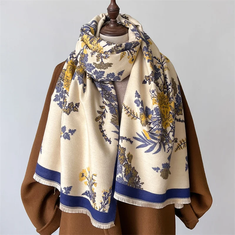 Women Winter Scarf Cashmere Pashmina Shawls and Wraps Bufandas Floral Print Warm Thick Scarves Blanket for Lady 2024 Newpe