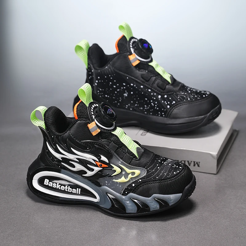 

Детские баскетбольные кроссовки с поворотной кнопкой, модные кроссовки для бега для мальчиков, легкая уличная обувь, нескользящие детские повседневные кроссовки