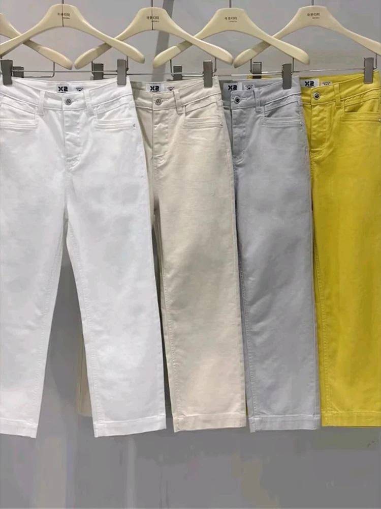 

Casual White cotton cropped jeans for women summer thin high waisted slim straight casual dopamine yellow pants 2025 New