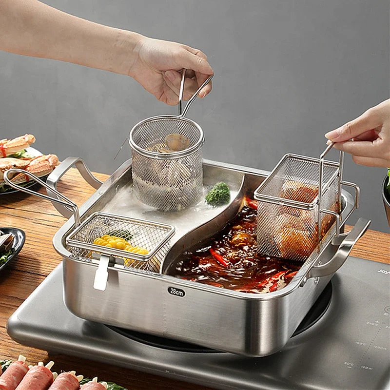 

304 Stainless Steel French Fries Pasta Basket Hot Pot Colander with Hook Drainer Oil Filter Mesh Sieve Strainer Spoon Kitchen