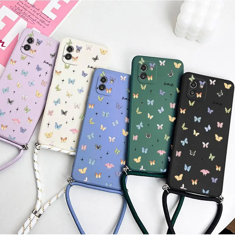 A 03 Mini Butterfly Lanyard Silicone Phone Case For Samsung A03 A04 A05 A21S A24 A04E A15 A13 A03S A02 A23 A05S A04S A22 Cover