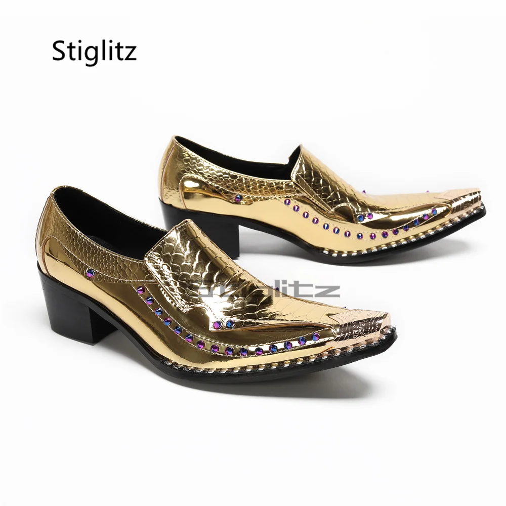 

Gold High Heels Rivets Men's Shoes Metal Pointed Toe Genuine Leather Slip On Handmade Gentleman Formal Busines Dress Shoes