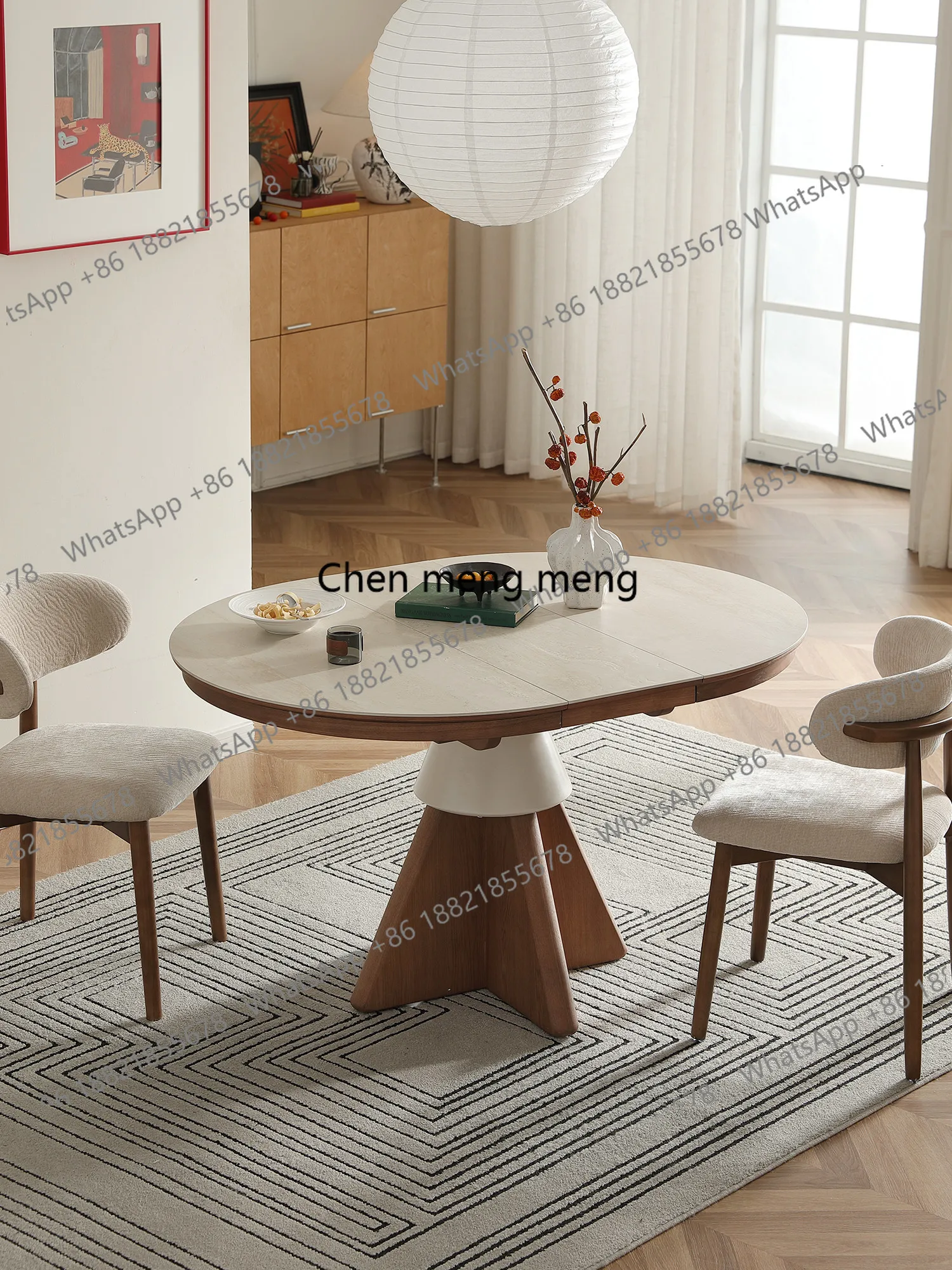 

Round table retractable folding, new small apartment living room household dining table round rock slab dining table
