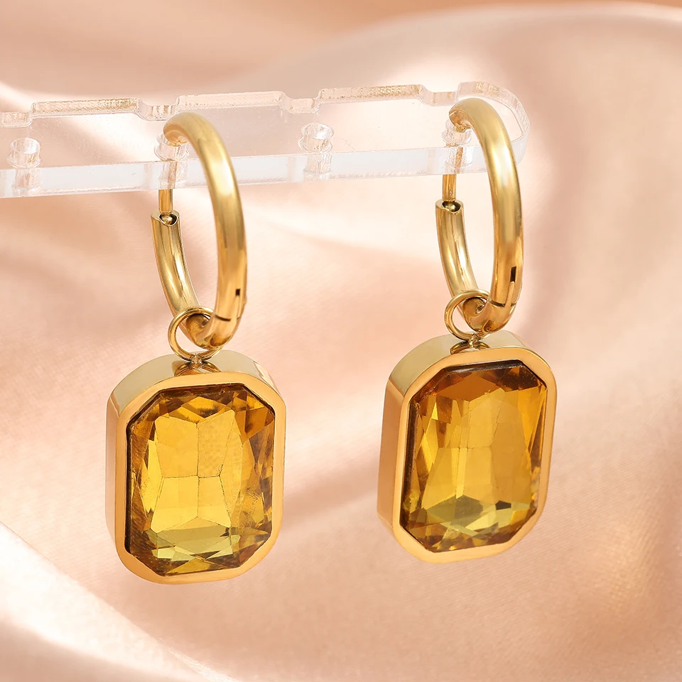 Yupsk Trendy Square Stainless Steel Crystal Zirconia Earrings For Women Girls Gold Color Metal Hoop Earring Party Daily Jewelry
