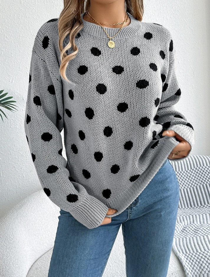 women's winter sweaters Polka Dot Long Sleeve Knitted Pullover Top Temperament Commuting Winter Casual Fashion O-Neck Sweater