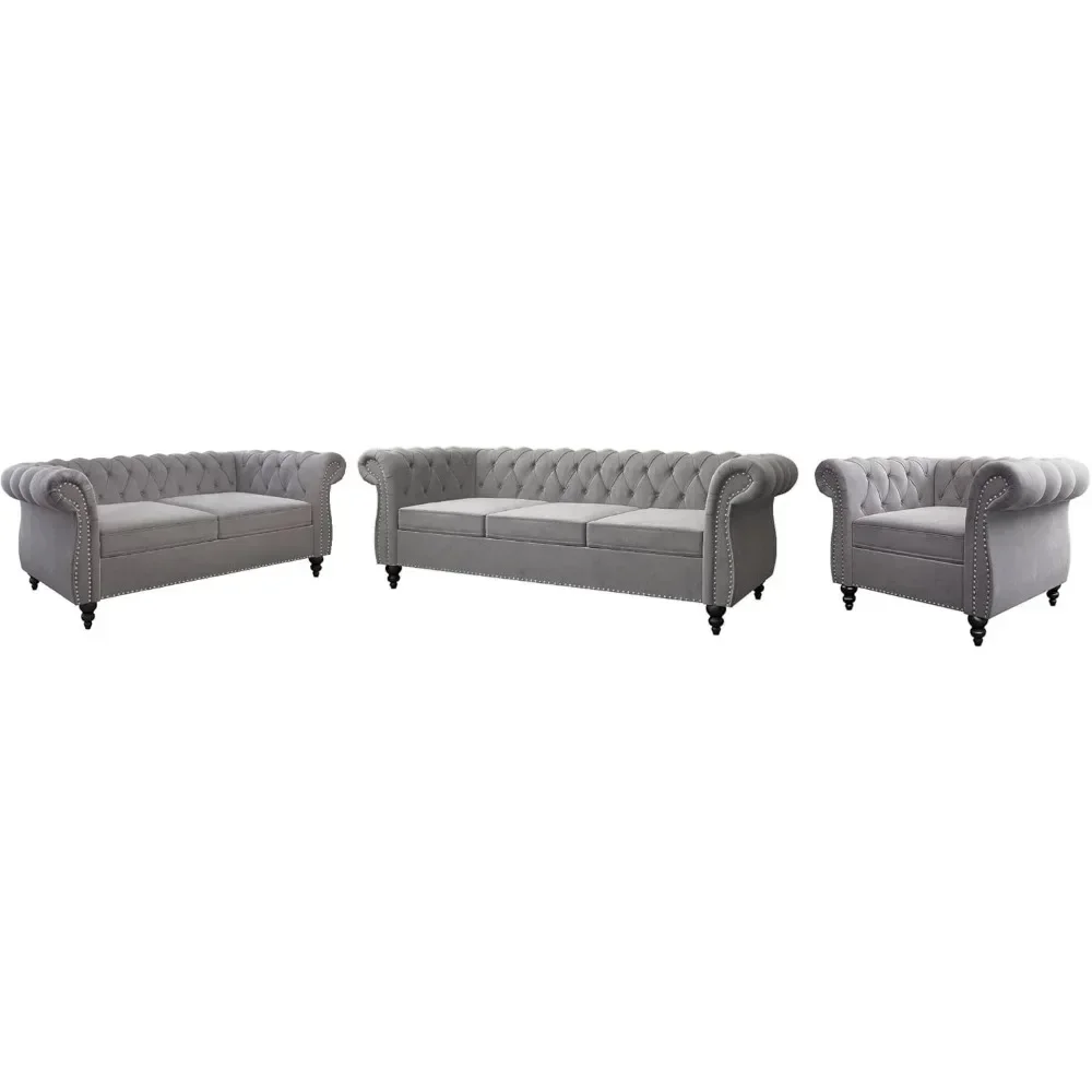 3 Piece Living Room Set, Velvet Chesterfield Sofa Loveseat Couch Chair with Scroll Arms and Nailhead for Living Room, Sofas