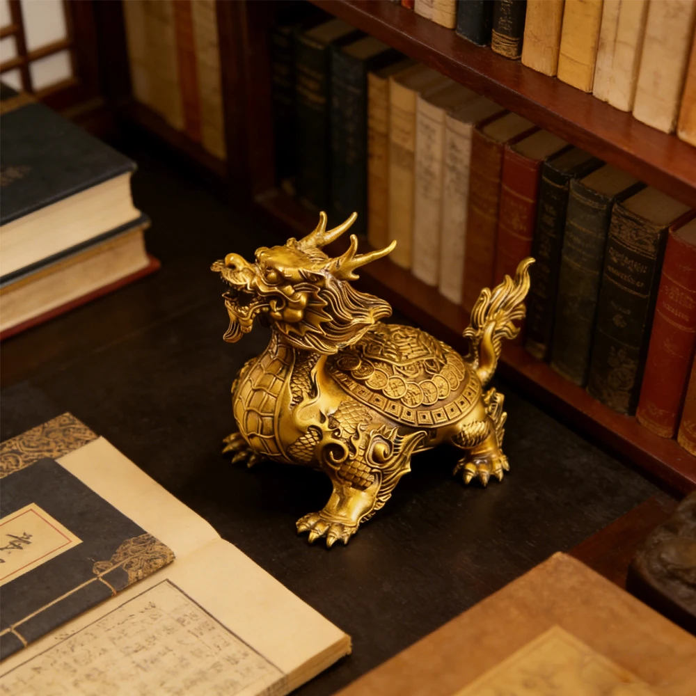 Brass Dragon Tortoise Desk Ornament Desktop Decorative Crafts for Feng Shui Wealth & Protection Home Office Artware Decor Statue