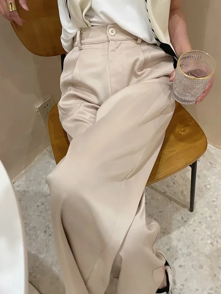 봄 새틴 와이드 레그 팬츠 여성용 하이웨이스트 수트 스트레이트 팬츠 풀 기장 솔리드 오피스룩 여성 패션 캐주얼 여성 바지
