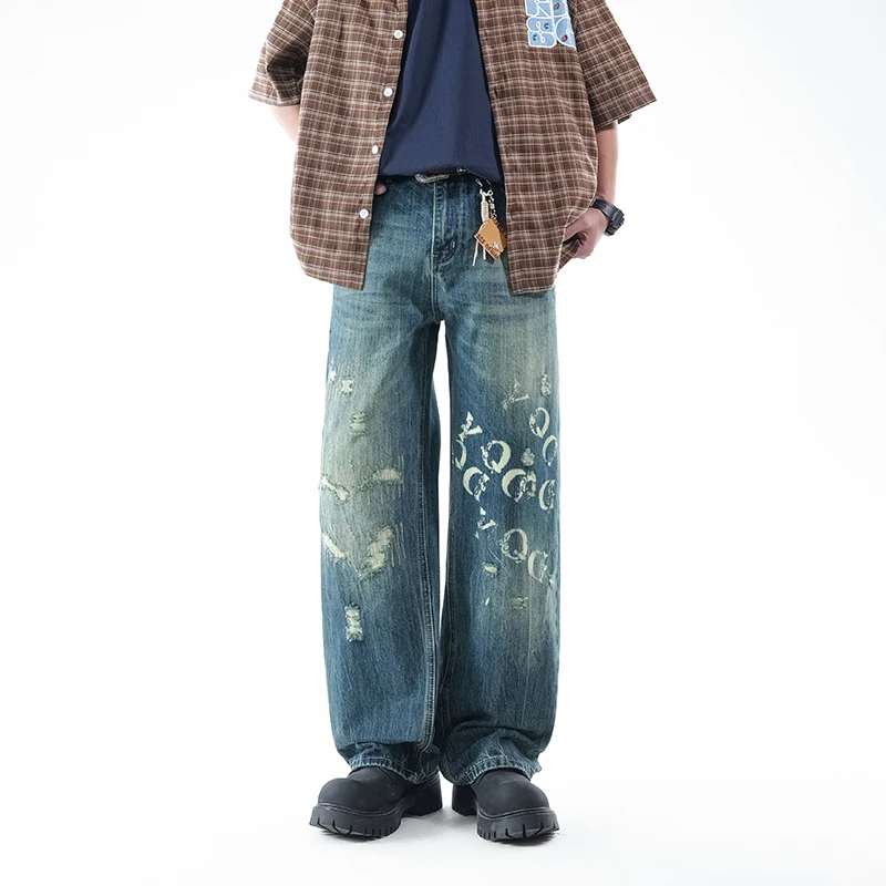 

Americian Vintage Men's Distressed Jeans Wide Leg Casual Male Denim Pants Loose Hip Hop Print Patched Trousers No Accessories
