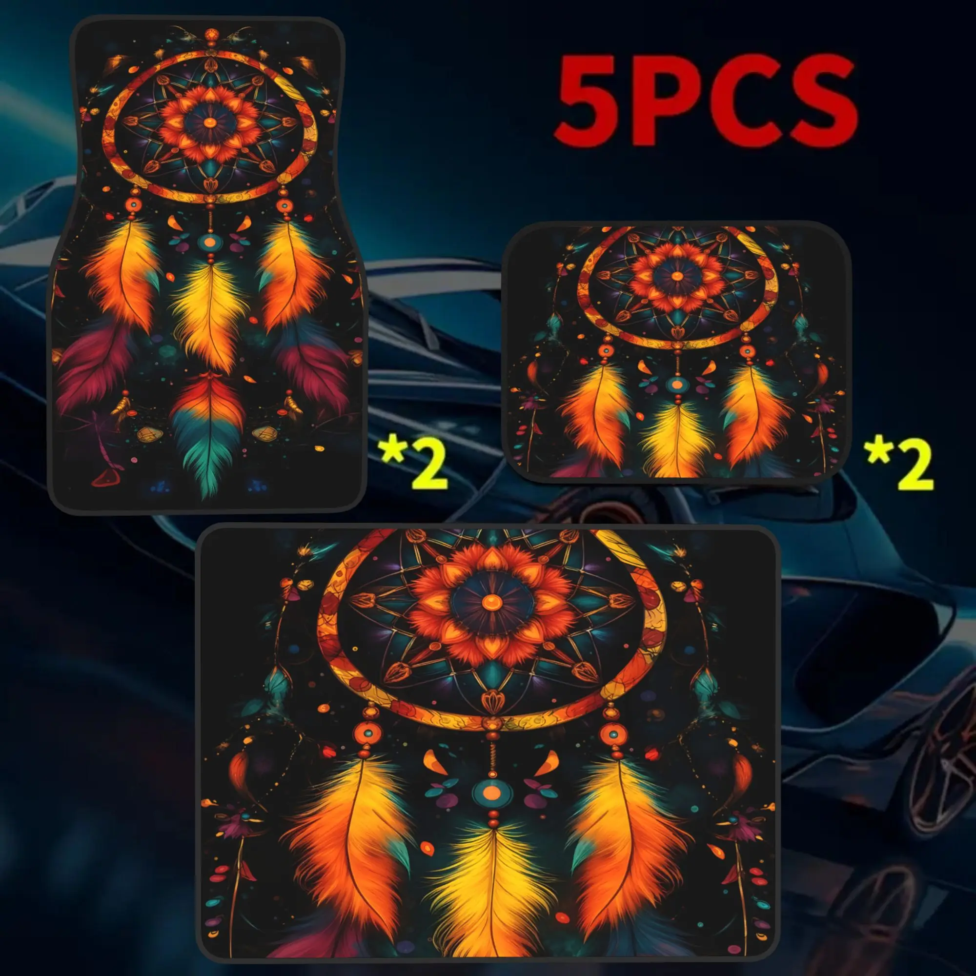 5pcs Vibrant Dreamcatcher With Fiery Feathers And Cosmic Patterns In Neon Hues Universal Car Floor Mats And Trunk Mats, Suitable