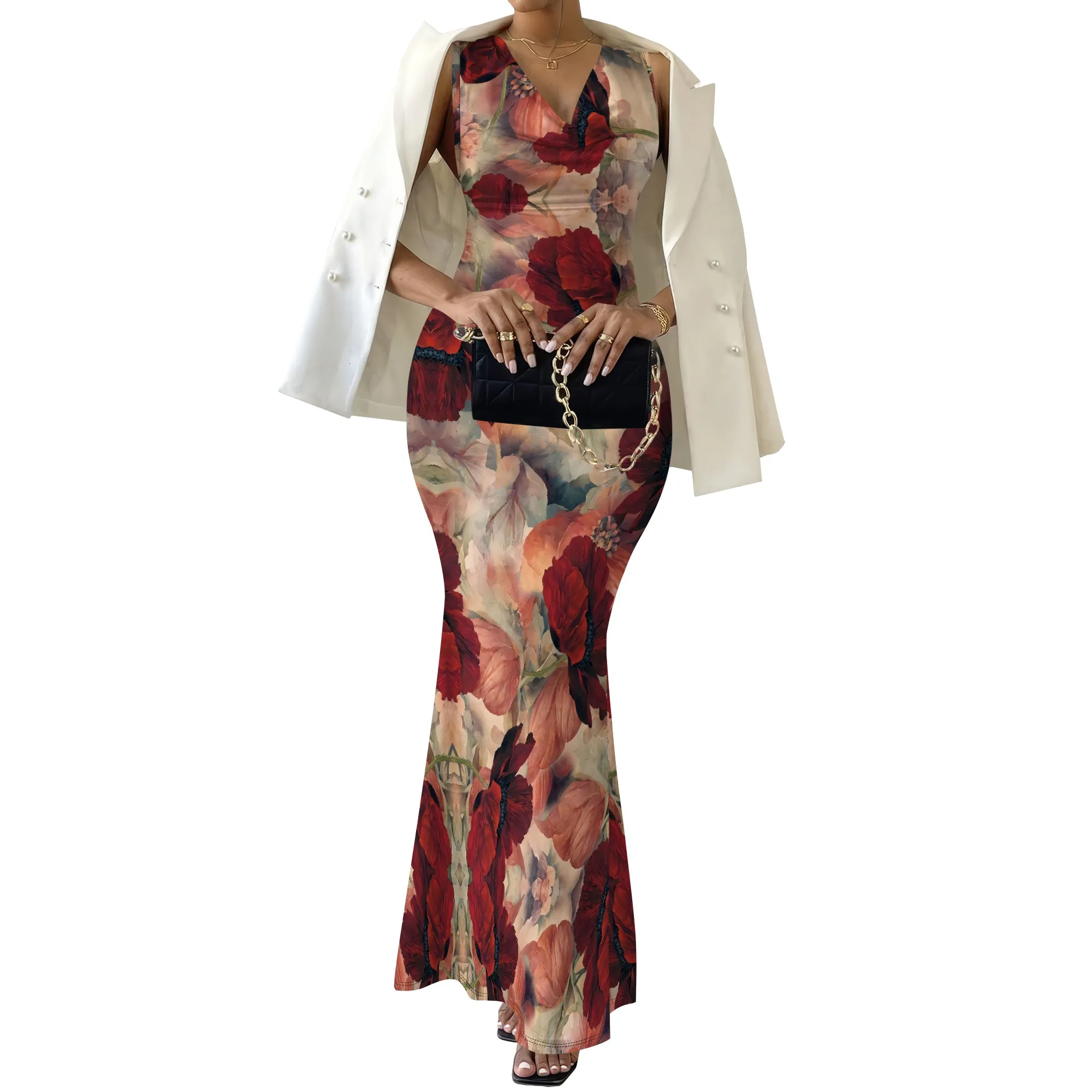 Vestido largo sin mangas con cuello en V para mujer Vestido de fiesta de noche elegante con estampado floral rosa vintage rojo