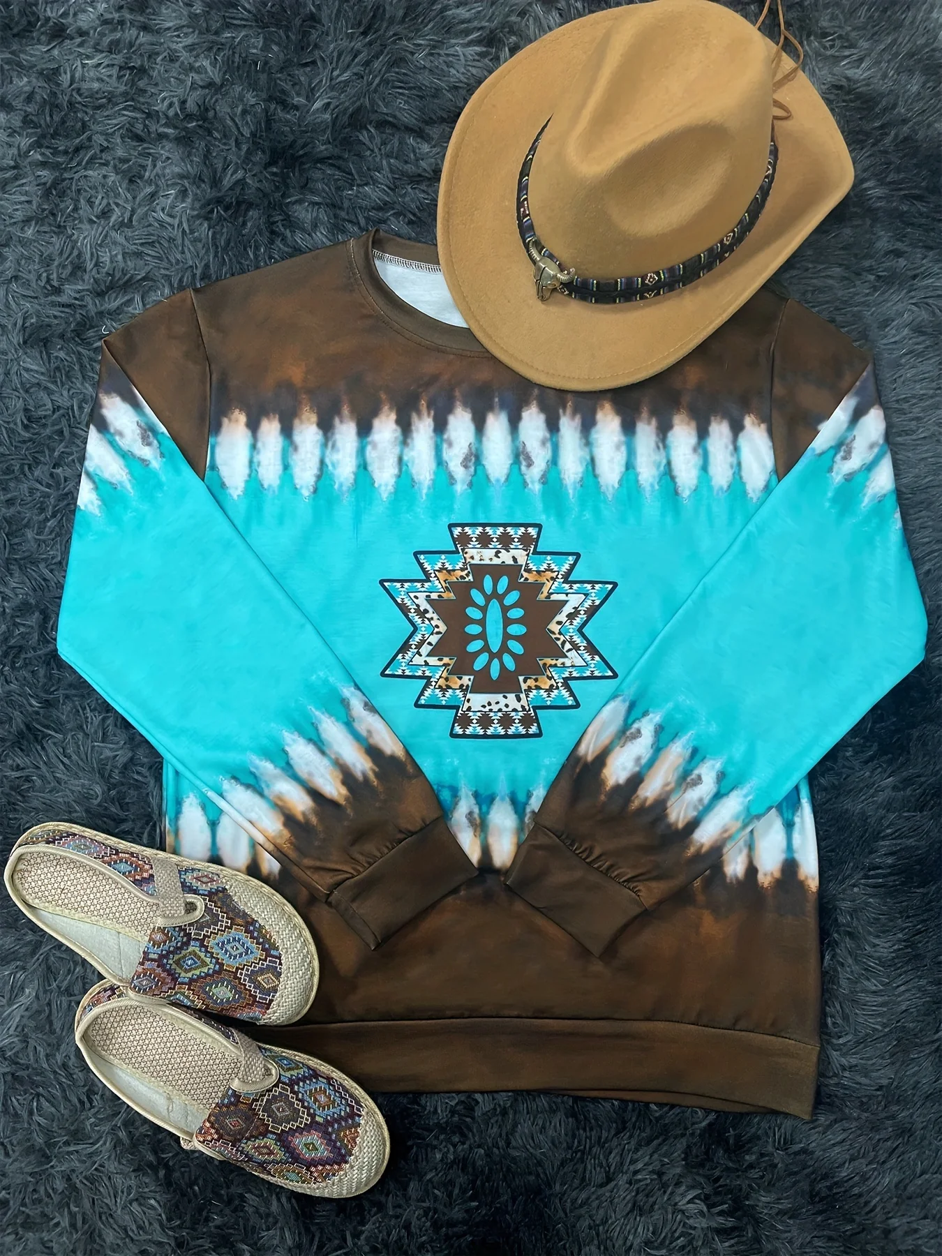 レディース ウエスタン エスニック プリント 薄手 スウェットシャツ レトロ 幾何学模様 ラウンドネック 長袖 トップス