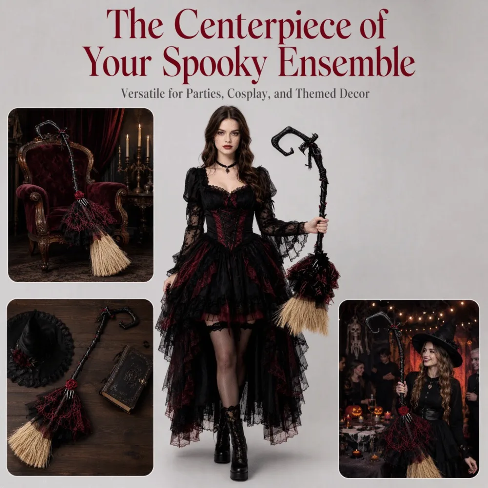 Deluxe Gothic Style Witch Broom Black Tulle Plastic Material Cosplay Props Red Rose Lolita Style Magic Wand Carnival Dress Up 3