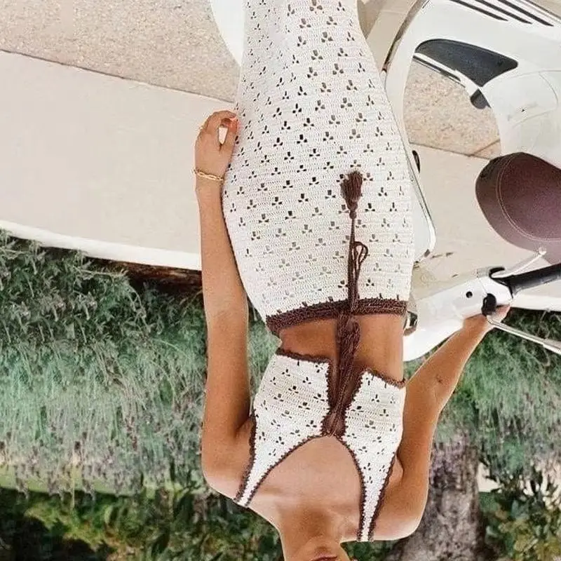 

2026 European and American Spring and Summer New Seaside Suspender Dress Set, Knitted Sexy Hollow Strap Dress Sets for Women