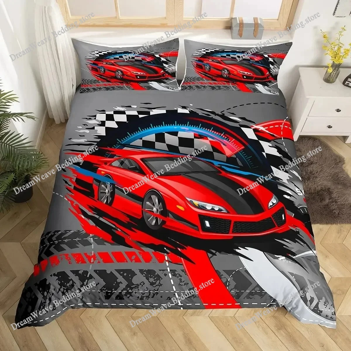 

Sports Car Bedding Set Queen Red Racing Car Comforter Cover Extreme Sports Theme Duvet Cover Black and White Grid Quilt Cover