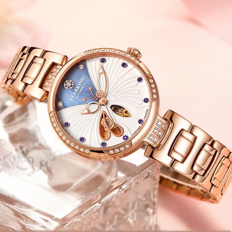 MIYOTA-reloj mecánico automático para mujer, accesorio de lujo con esfera de diseño de mariposa, zafiro dorado rosa, movimiento