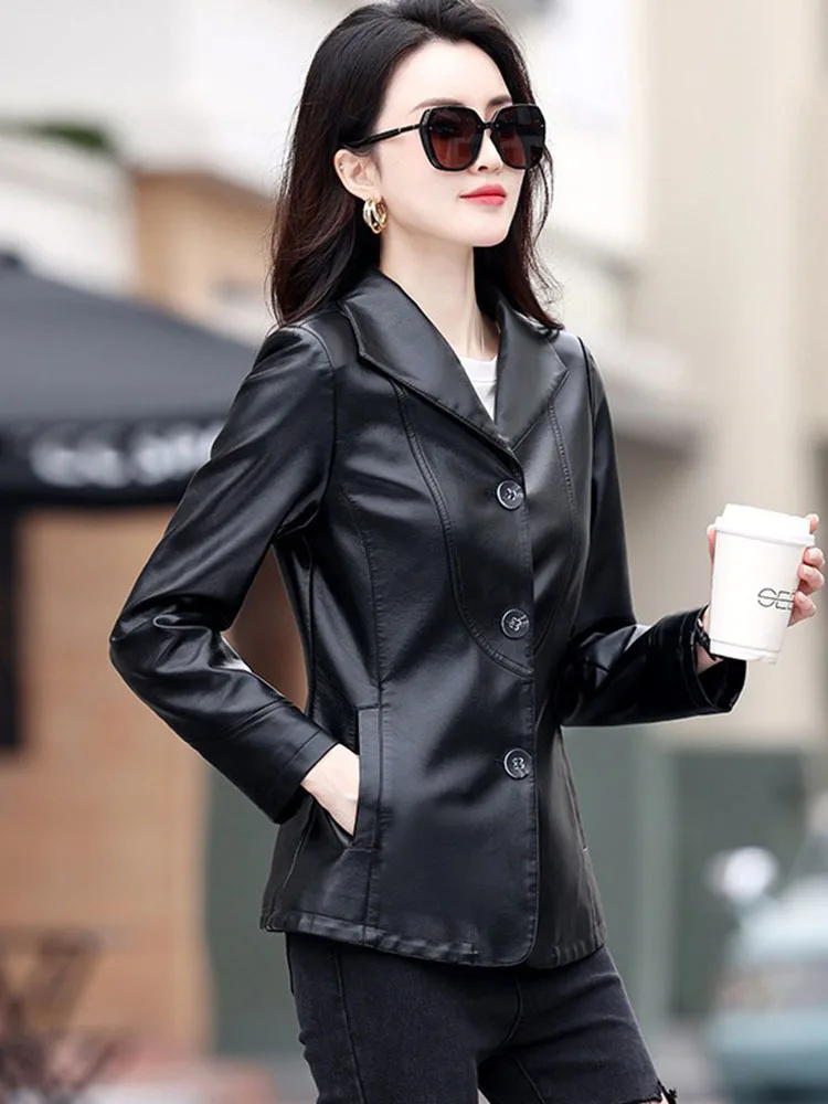 Spring Genuine Leather Jacket Women Korean Fashion Slim Sheepskin Coat Black Red Real Leather jackets ladies Casual Blazer femme