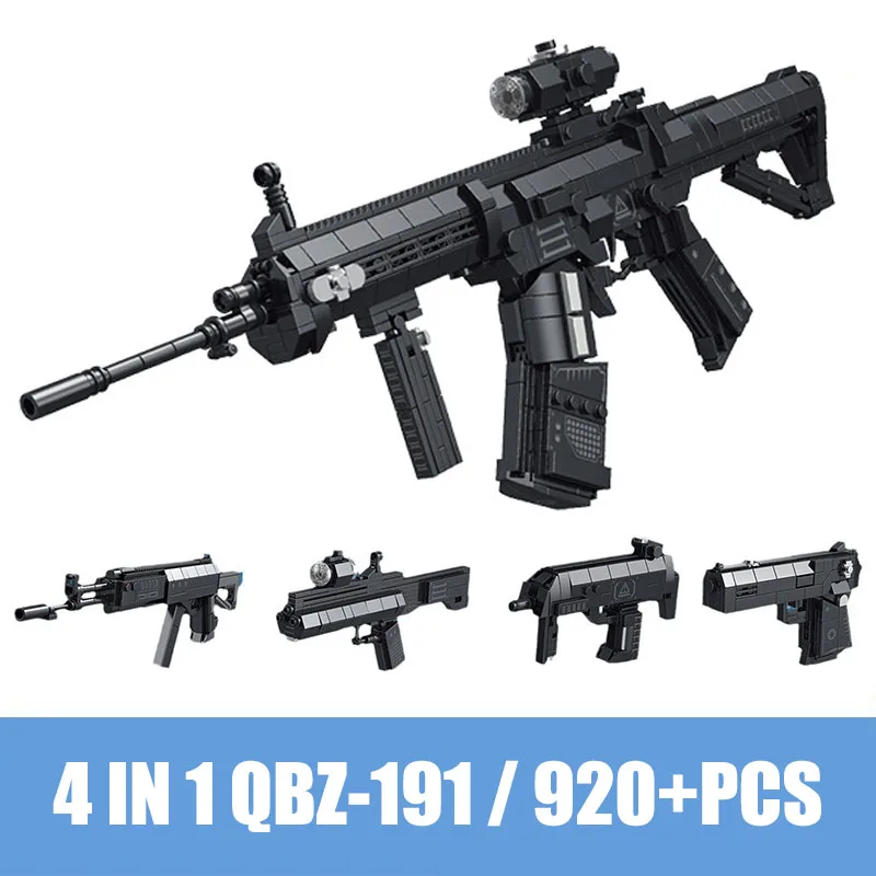 Military MOC 920pcs 4 In 1 QBZ-191 Rifle Model Weapon Building Blocks DIY Desert Eagle Pistol AK12 Gun Bricks Set Toys For Boys