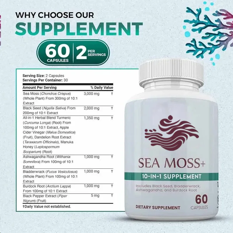 Sea Moss น้ํามันเมล็ดสีดํา South African มะเขือยาวกระเพาะปัสสาวะหญ้าเจ้าชู้ 10in1 60 แคปซูลมังสวิรัติแคปซูลที่มีแร่ธาตุ