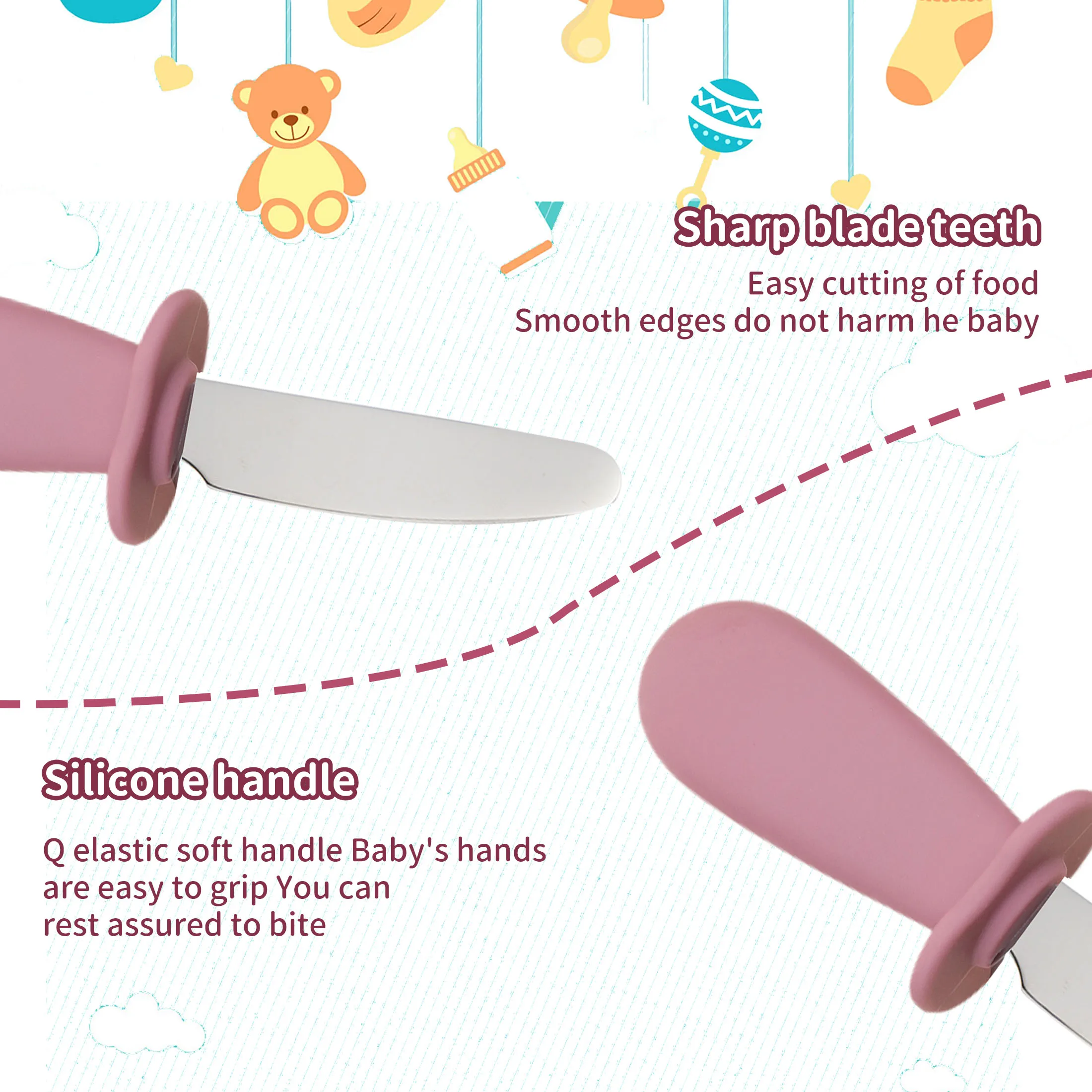 طقم أدوات مائدة وملعقة سيليكون مكون من 3 قطع لأطعمة الأطفال وأدوات التغذية وملعقة شوكة للأطفال من الفولاذ المقاوم للصدأ #5