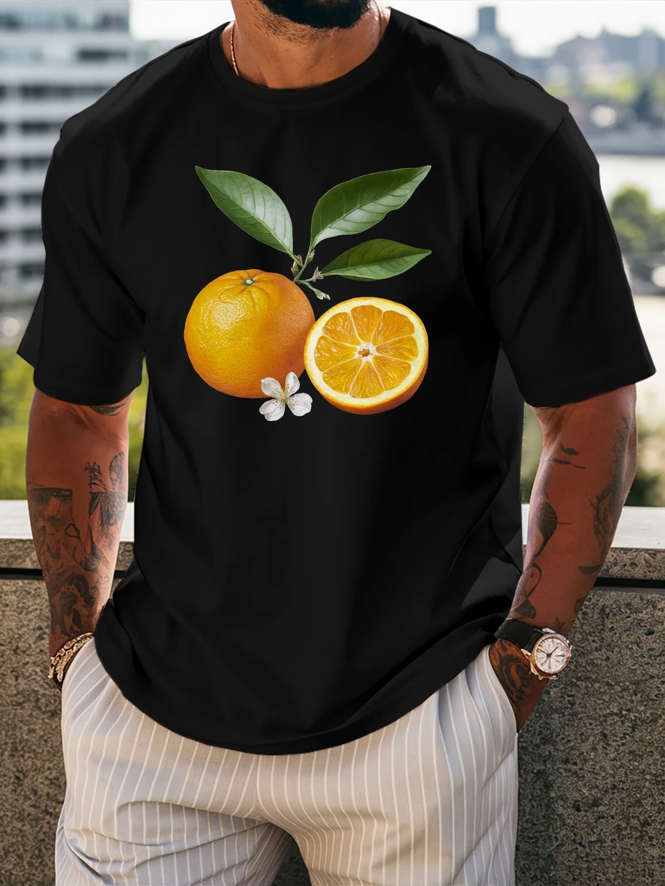 Men Crew Neck Short Sleeve Tee Orange Fruit Bloom Leaf Graphic Print Casual Lightweight T Shirt Summer Daily Fashion Tops