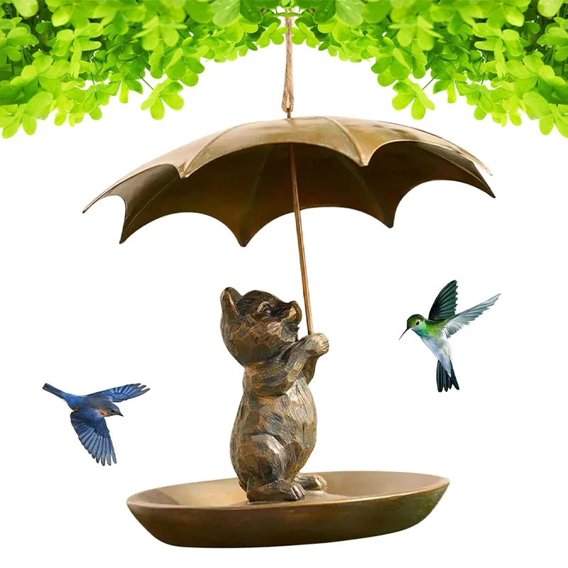 

Animal Shaped Bird Feeder with Umbrella Cute Squirrel Cat Dog Holding Umbrella Design Bird Feeder Garden Yard Decor Ornaments