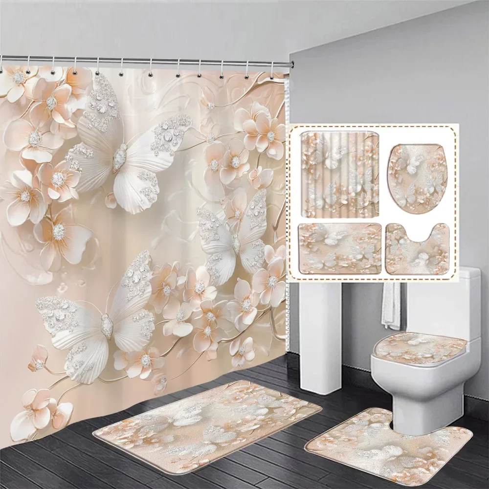 

Luxury Pink Floral Butterfly Shower Curtain Set Diamond Flower Art Bathroom Decor Bath Curtains Bath Mats Toilet Lid Cover