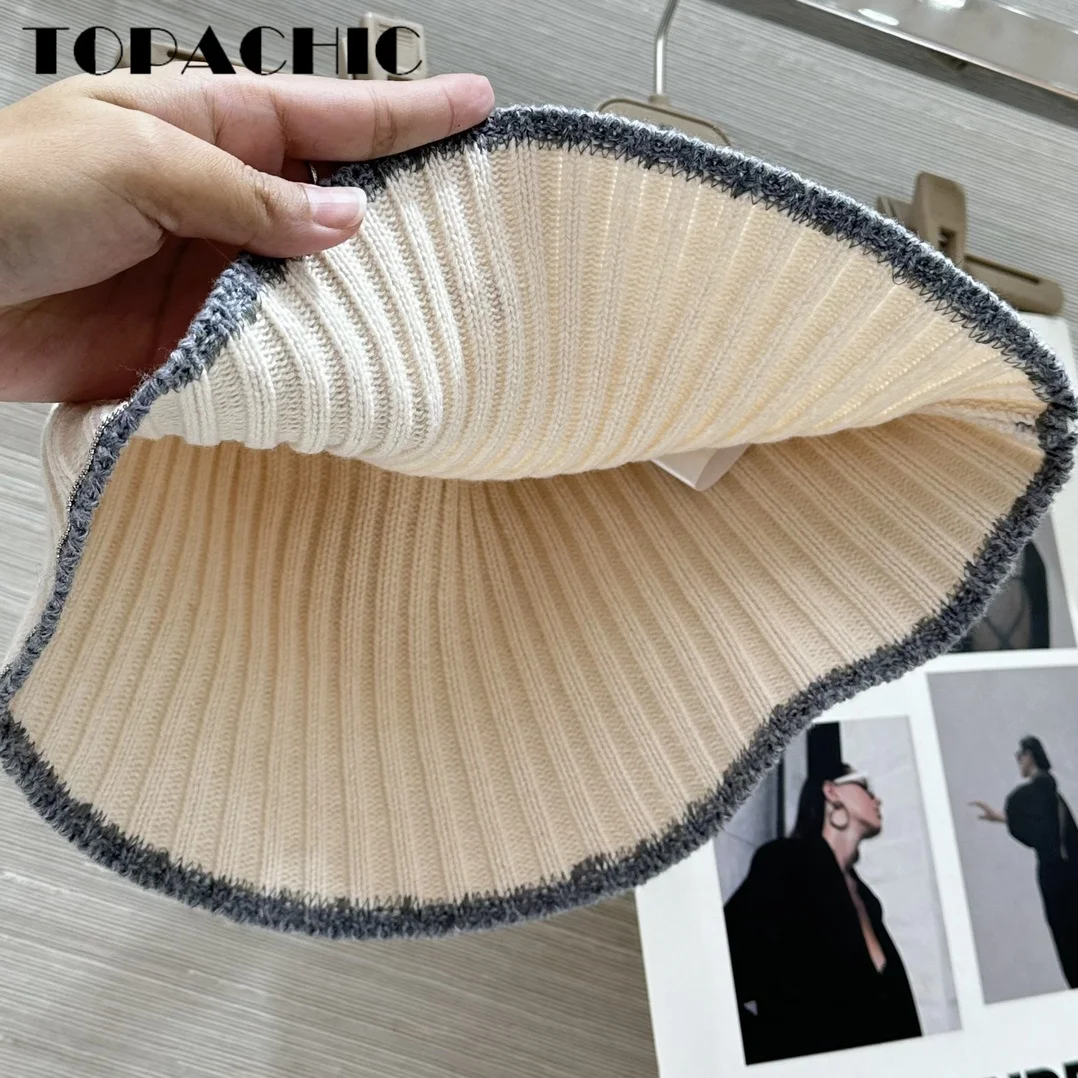 8.25 TOPACHIC-Women\'s Hand Beading Chain Decoration Caps Contrast Color Ribbed Wool Knit Wide Brim Dome Casual Bucket Hats