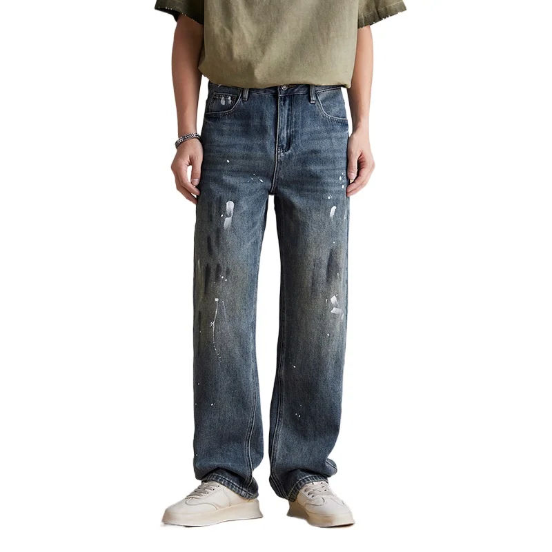 

Men High Street Paint Dirty Denim Vintage Fashion Loose Casual Wide Leg Baggy Jeans Pants Cityboy Streetwear Y2k Trousers Man