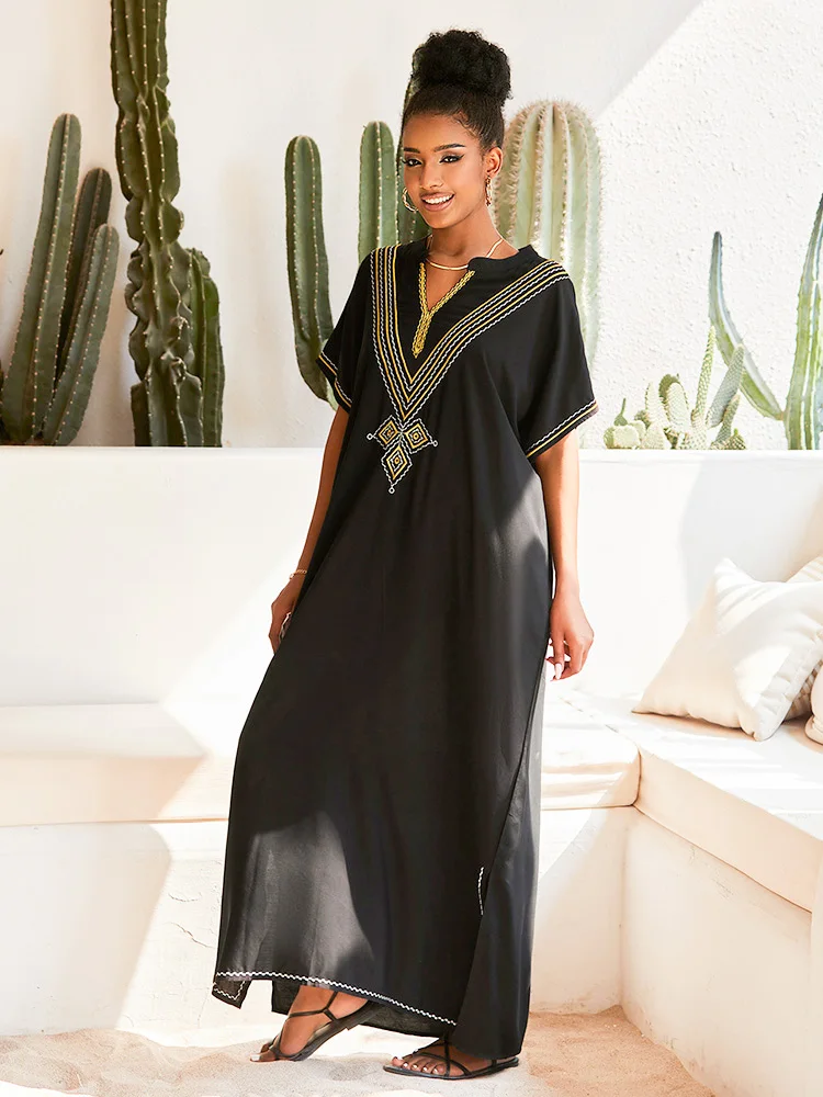 Plus Size Black Kaftan Dress for Women V Neck Embroidered Bikini Cover up Short Sleeve Casual Resort Wear African Robe Q1527