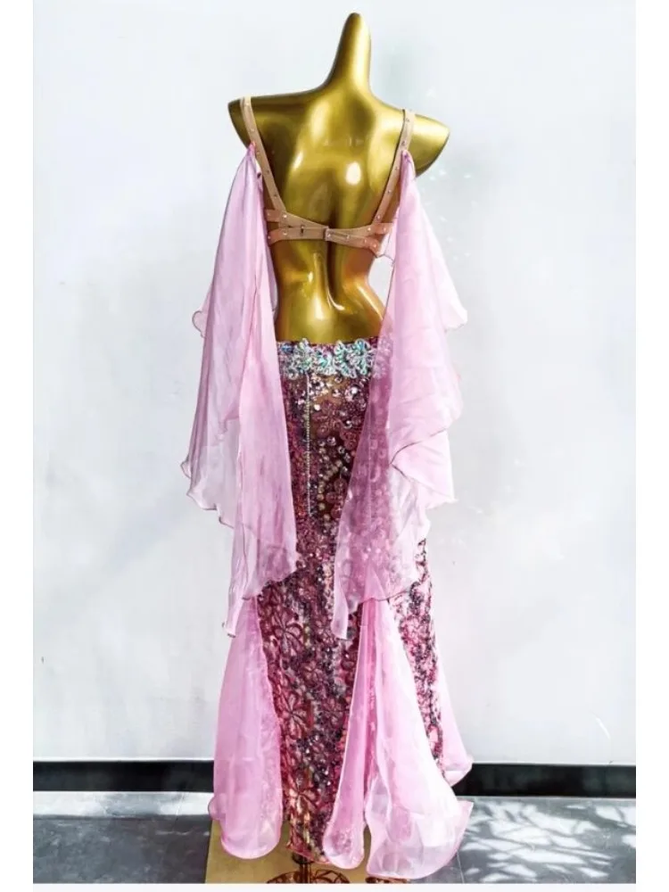 Female 2024 Sexy Oriental Belly Dance Bra, Shave Sleeve Split Wrap Hip Long Dress, Modern Dance Performance Dress