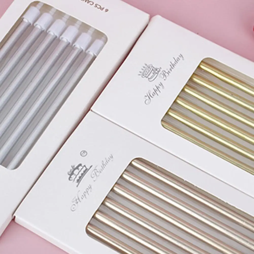 6pcs/1box Count Party Long Thin Cake Candles Metallic Birthday Candles in Holders for Birthday Cakes Cupcake Champagne 2026