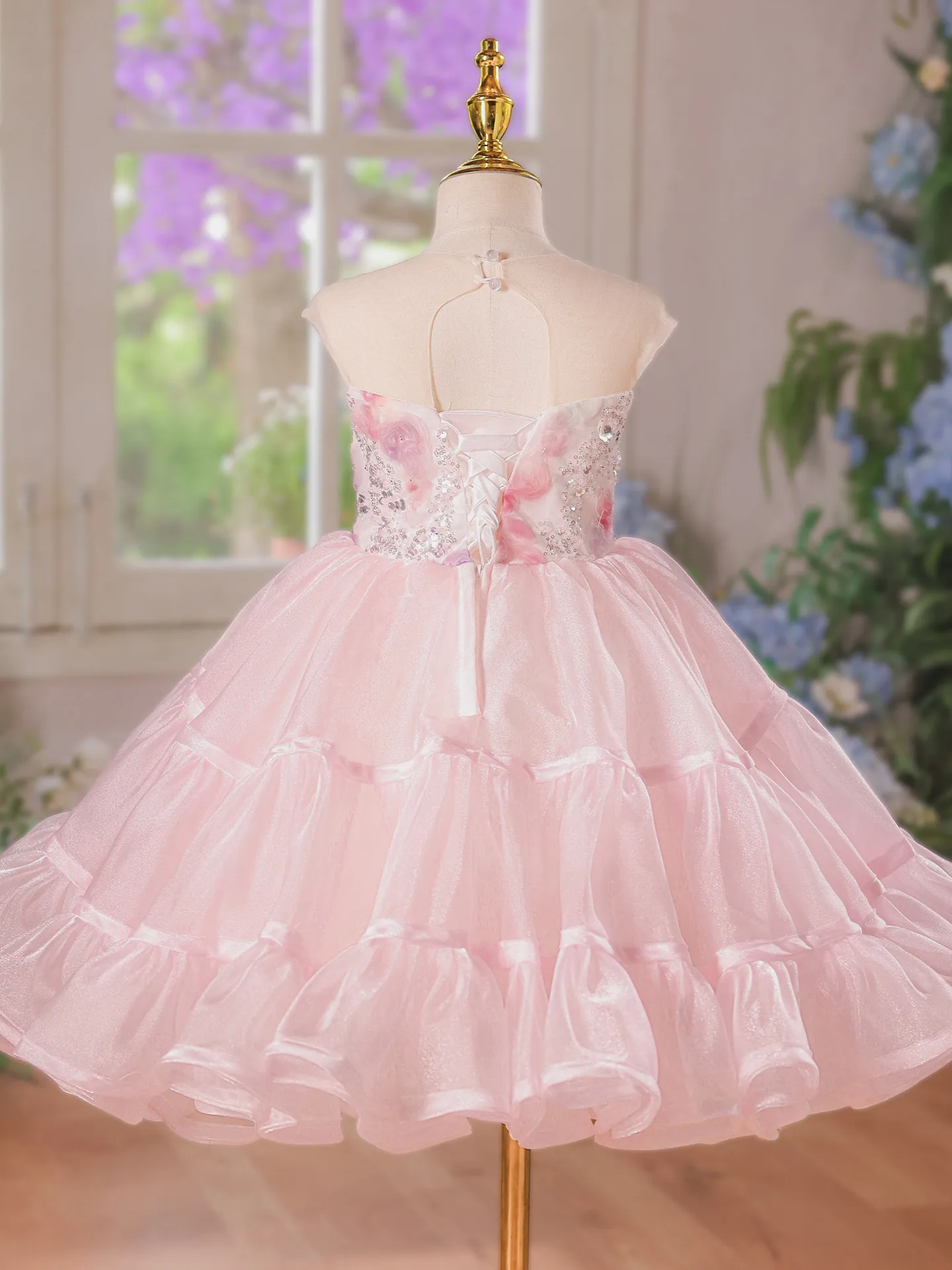 Custom Girls Luxury Strapless Sequin Butterfly Print Tiered Ruffle Tulle Short Flower Girl Dress Wedding Party Gown Birthday