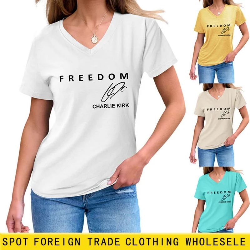 

Unique and niche printed V-neck short-sleeved T-shirt for women suitable for summer loose-fitting and slimming as a base