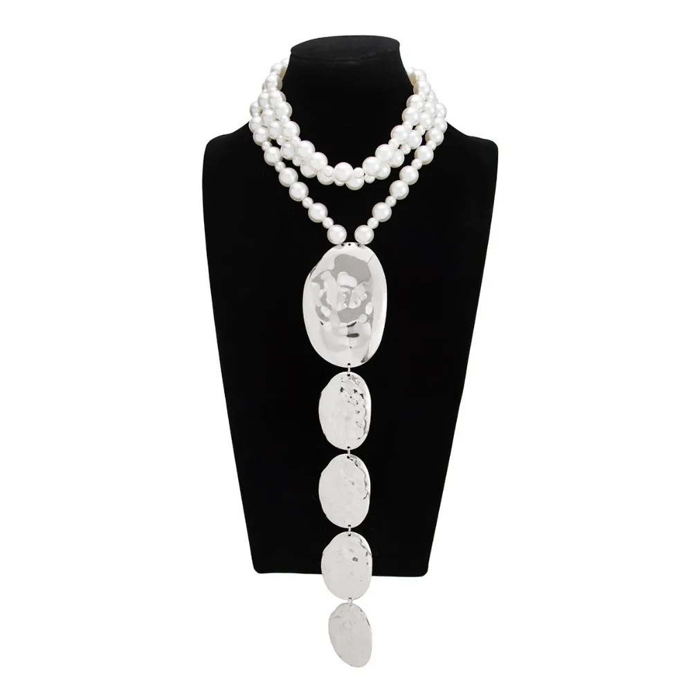 

Fashion Imitate Pearl Beaded Choker Exaggerated Geometric Boho Molten Metal Pendant Vintage Ethnic Charm Style Necklace