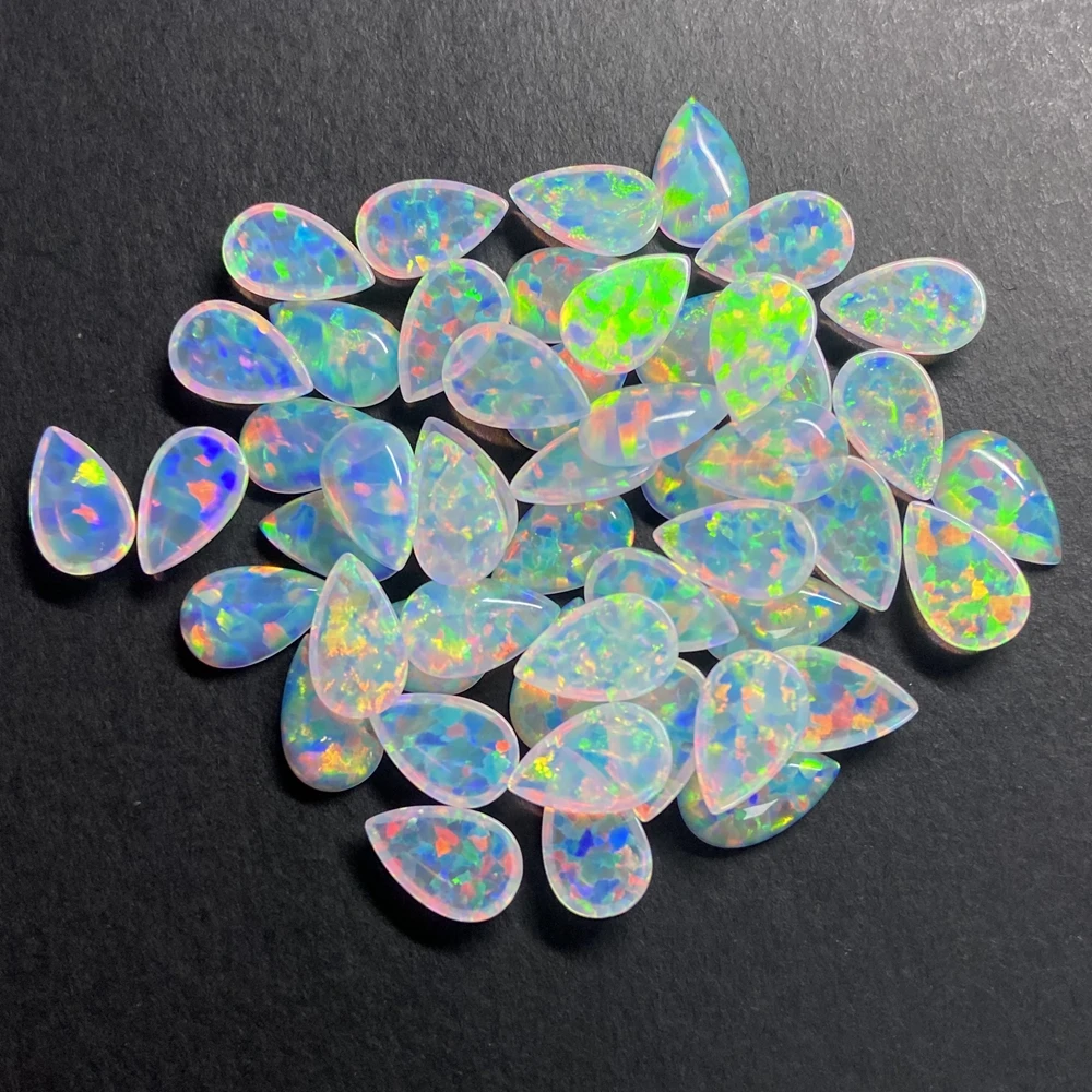 Lab Create OP534 White Fire Synthetic Opal Flatback Cabochon Loose Pear Shape Transparent Gemstone