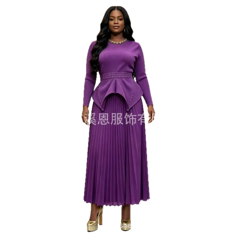 Miyake Pleated 2026 New Elegant Round Neck Beaded Irregular Tie Top Solid Color Pleated Skirt 2-Piece Set Plus Size Women Pleat